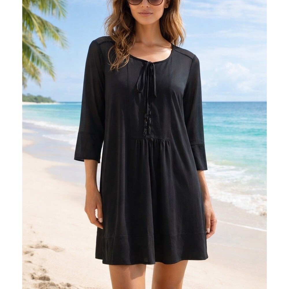 Tommy Bahama Black Sheer Mesh Tunic Dress Tassel Tie Neck S/M
